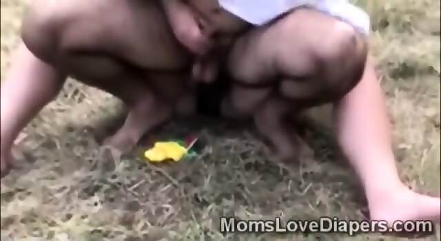 Filthy Diapers Perv Mounts Huge Strapon With His Filthy Ass Outdoor