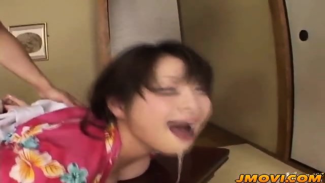 Japanese milf arousing babe in kimono enjoys two cocks in double blowjob