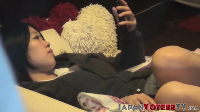 Japanese bitch plays with her hairy pussy on secret tape