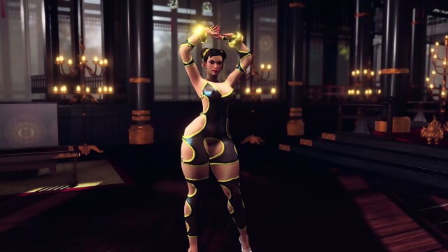 Busty Chun Li in slutty bodysuit solo dancing and posing in Ñhinese temple