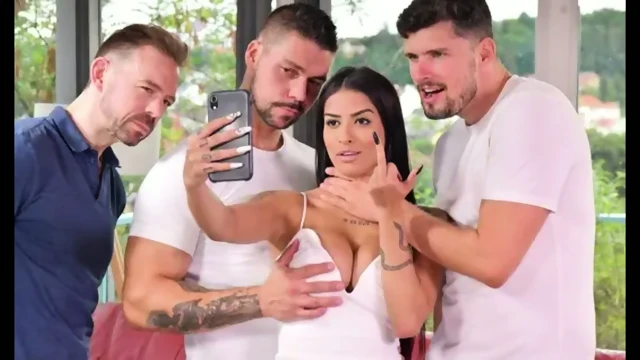 Brunette with big tits loves group fuck with double penetration