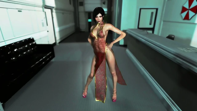 Gorgeous Ada Wong in a transparent dress dances in the Umbrella office
