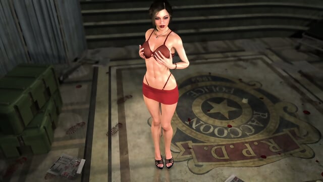 Wiry hot Claire Redfield in sexy red lingerie shows off her delightful body