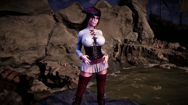 Pirate queen Lara Croft seductively dances on the coast before storm