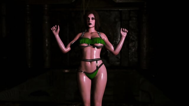 Busty doppelganger Lara Croft in sexy bikini show off oiled body in cave