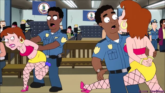 whore BALLBUSTING cop in court room, CARTOON hit in the nuts, American Dad