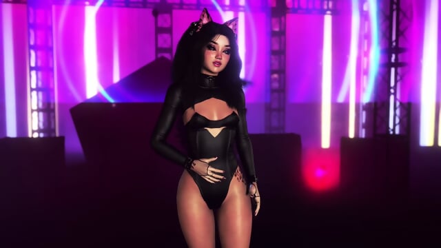 Exotic fluffy cat girl in tight bodysuit dancing alone in night club