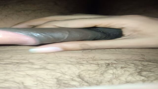 Jerking big cock during watching anal sex