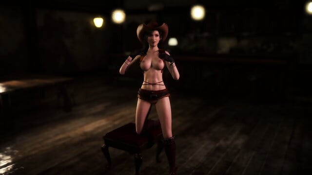 Shameless beauty Tifa Lockhart in cowgirl outfit dancing in Seventh Heaven
