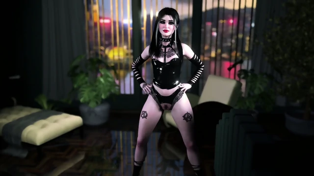 Young goth girl in sexy latex outfit shows off her pale tattooed body