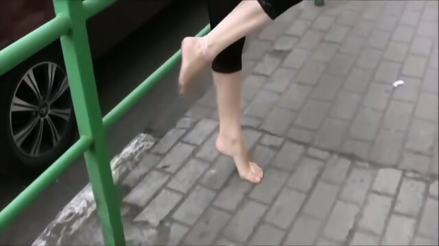 Delicious Blonde Girl Walking Barefoot Exposing Her Feet Outdoors