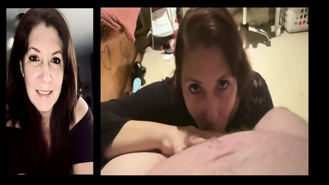 Pretty MILF sucks and deep throats his cock until he cums in her mouth while she keeps eye contact