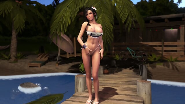 Sporty flirtly Tifa teases you with lowered swimsuit on the summer beach