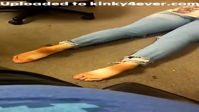 Dark Haired Woman In Blue Jeans Poses Barefoot On The Floor  Kinky4Ever