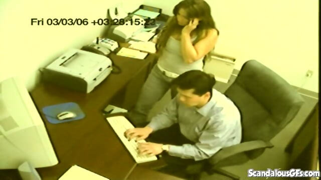 Handjob slut jacking off her boss at his office on spycam