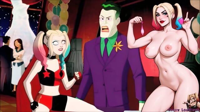 HARLEY QUINN ballbusting JOKER at the villains table