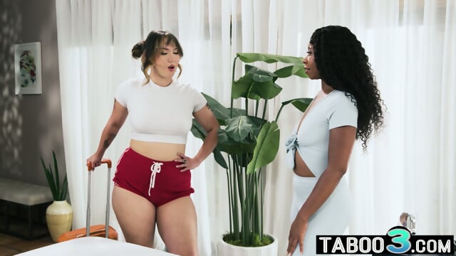 Lesbian ebony MILF Mocha Menage massaging an asian BBW babe Tomie Tang