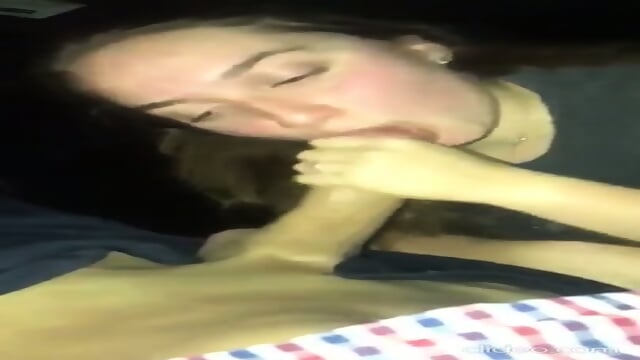 Slutty brunette girlfriend gives her first blowjob in the car