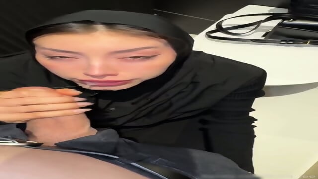 Beautiful hijab teen deep-throat in public toilet