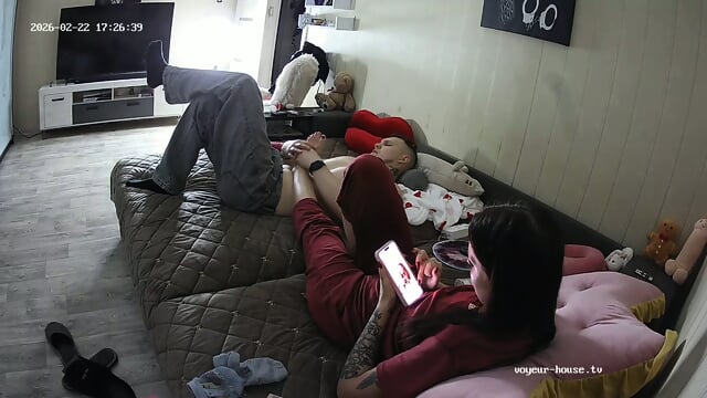 special candid perfect bare feet closeup scenes Bedroom camera at Loya & Riven reallifecam apartment at Voyeur House TV 22.02.2026 from 16 h 31 to editat
