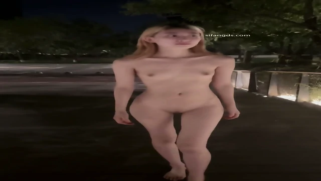 Hot Chinese girl walking nude at night at the bridge