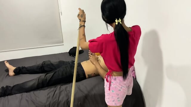 Delicious skinny horny girl is cleaning the house and I end up fucking her until she orgasms