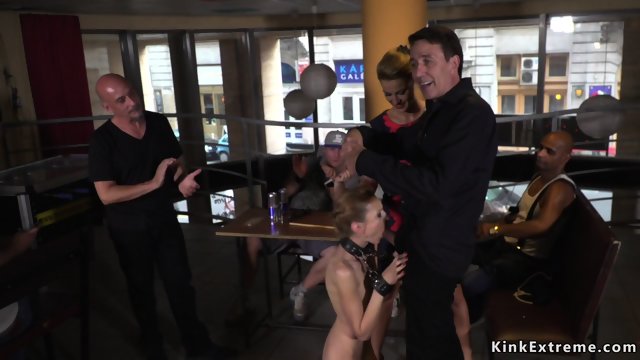 Skinny blonde anal gangbang in public