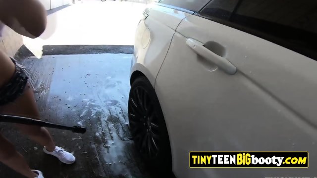 Busty luna star blonde teen at car wash shows off tiny waist
