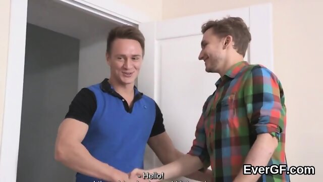Skint stud allows wicked mate to drill his lover for money