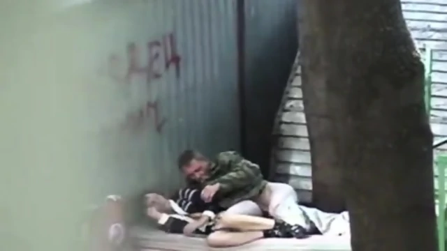 Desperate hard worker fucks a whore in the afternoon behind garages