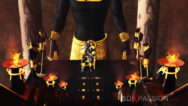 Ancient Egypt. Anubis plays with a hot black girl in the temple