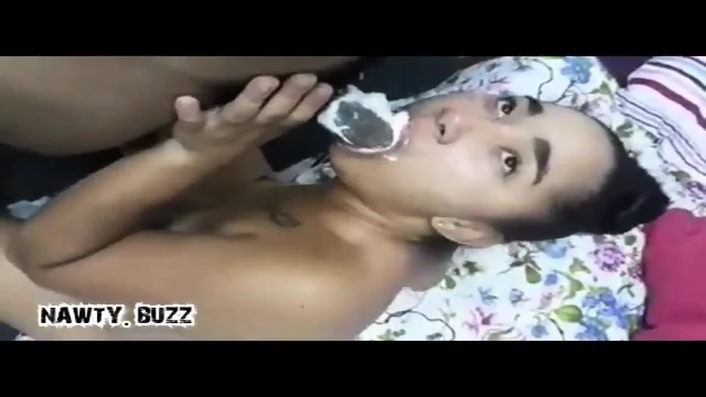 coloured babe gives happy ending with whiped cream blowjob