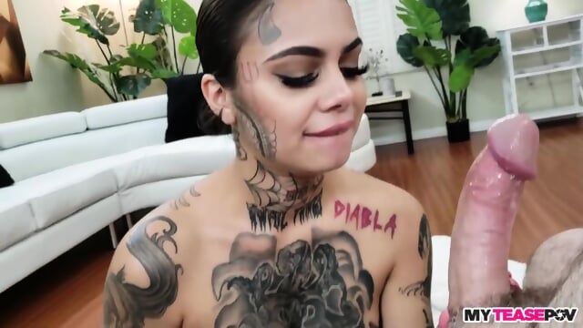 Teasing tattooed bae sucks big dick while jerking it